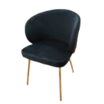 Silla Carlota. Silla acojinada forrada en tela negra de terciopelo con patas de metal tono dorado.